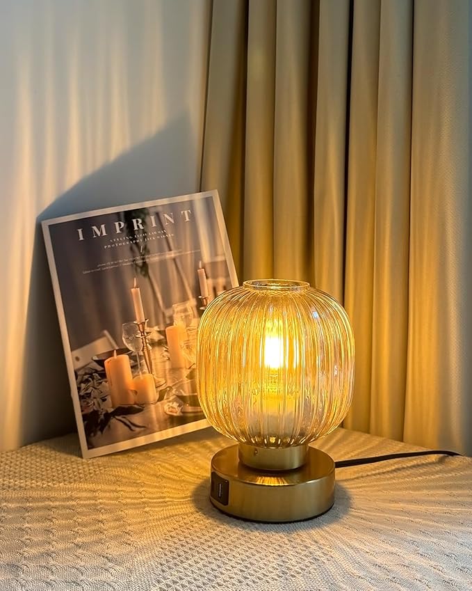 Touch Small Table Lamp,Elegant Gold Glass Bedside Lamp 3 Way Dimmable with USB C+A Charging Ports - Bedroom Nightstand & Living Room Essential, 4W Bulb Included (Gold)