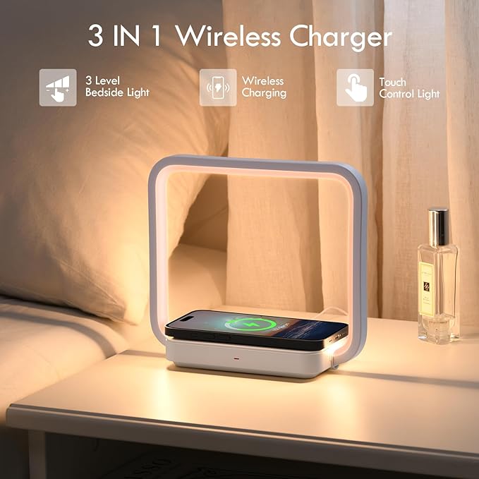 Besides Lamp with Wireless Charging, Table Lamp Touch Control with 10W Fast Charger, Nightstand Lamp with 3-Level Adjustable Brightness, 180° Foldable Arm, Modern Nightlight for Bedroom,Dorm Gift
