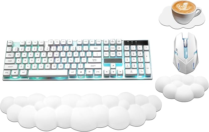 Cloud Wrist Rest Keyboard, PU Leather Memory Foam Wrist Rest for Computer Keyboard, Ergonomic Keyboard Wrist Rest Pad and Cute Mouse Wrist Rest for Gaming, Office, Computer, Typing,White