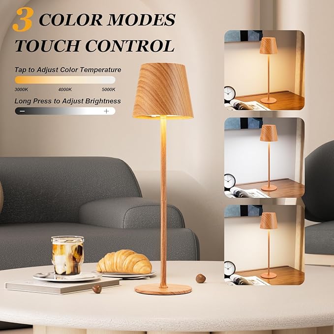 Cordless Table Lamp Rechargeable - Wood Grain 2 Pack 5000mAH Battery Operated Lamp for Counter, 3 Color Stepless Dimming Waterproof LED Wireless Lamp for Dining Kitchen, Outdoor Patio, Touch Control