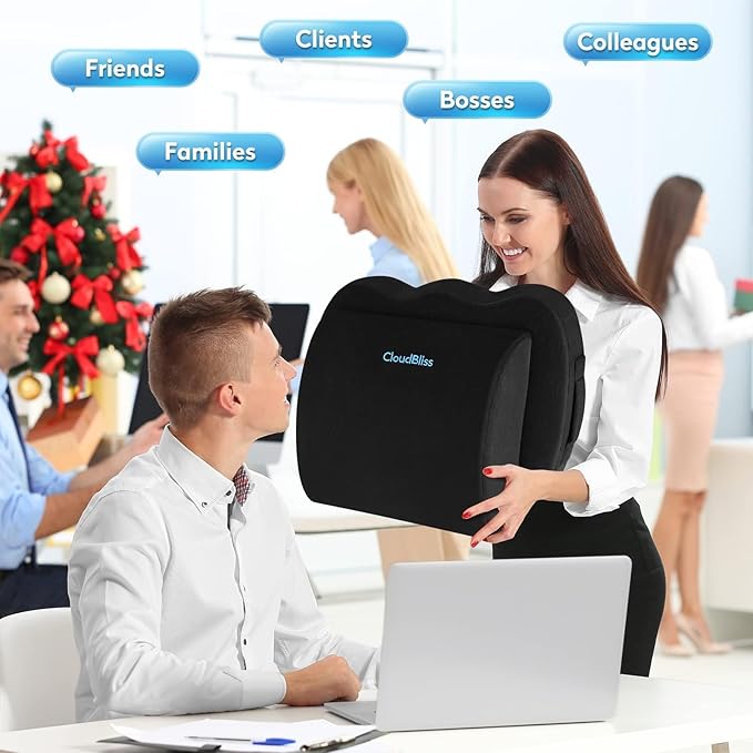 CloudBliss Seat Cushion, Office Chair Cushion, Car Seat Cushion, Lumbar Support Pillow for Office Chair, Back Support Memory Foam Pillow Coccyx Cushion for Tailbone & Coccyx Support, Black, X-Large