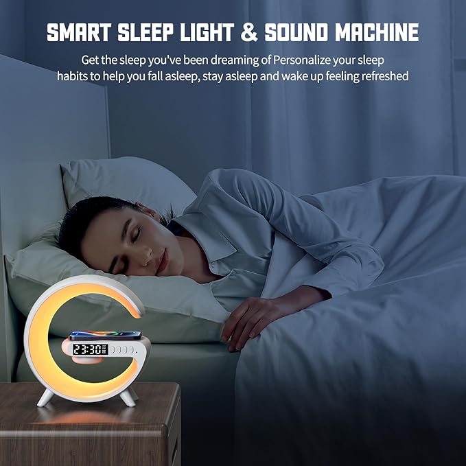 2025 New Mini LED Table Lamp, Wireless Charging Atmosphere Lamp, Bluetooth Speaker, Dimmable Night Light, Bedside Lamp, Alarm Clock for Christmas Gifts (Black)
