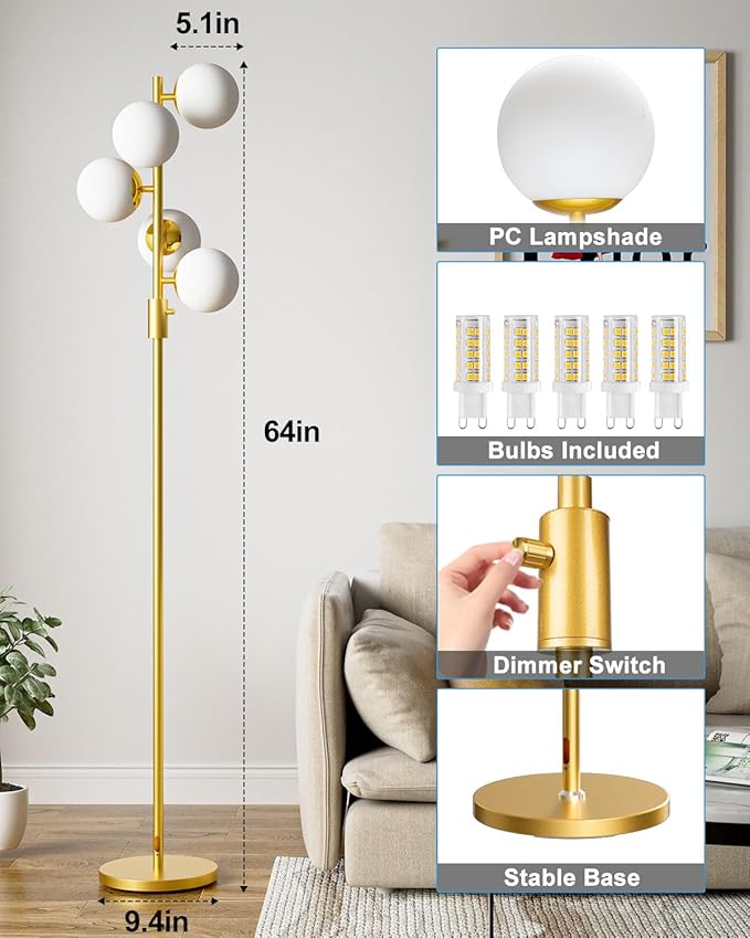 Dimmable Gold Globe Floor Lamp, 64IN Tall Standing Lamps with 5 Globe Soft Warm White Eye Care 3000K G9 Bulbs, Mid Century Modern Floor Lamp for Living Room Bedroom Sofa Beside Home Decor