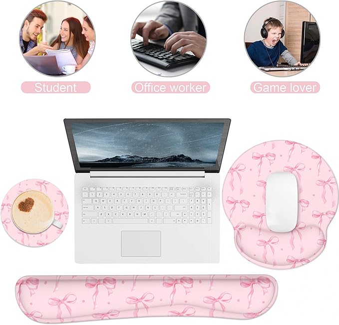 Ergonomic Mouse Pad with Wrist Rest and Keyboard Wrist Rest, Mousepad and Wrist Rest for Computer Keyboard, Non-Slip Rubber Base, Mouse Pad Wrist Support for Gaming, Pink Bow