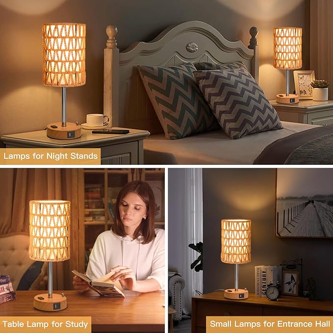 Rattan Table Lamps for Living Room, 3 Way Dimmable Touch Lamps, Small Bedside Lamps with LED Bulbs, Phone Stand, USB Ports and AC Outlet, Boho Nightstand Lamp for Bedroom Office (1 Pack Faux Wood)