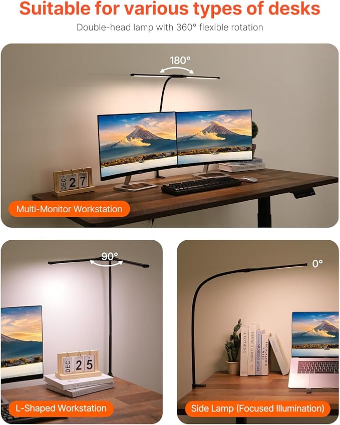 VEVOR LED Desk Lamp with Clamp, Double Head Architect Desk Lamp for Home Office, Eye-Caring Desk Light with 360° Adjustable Gooseneck, 50 Lighting Modes & Timer Function for Studying Working Drawing