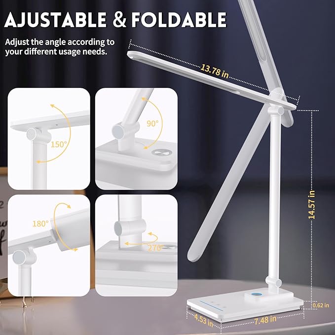 LED Desk Lamp for Home Office, USB Charging Port, Reading Desk Light with 5 Color Temperatures, Stepless Dimming, Table Lamp with Timer, Night Light, Foldable Desk Lamp for College Dorm Room (White)