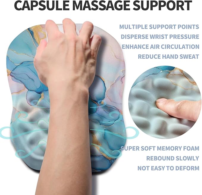 Ergonomic Raised Mouse Pad Wrist Support with Bilateral Slope Memory Foam Mousepad for Wrist Rest and Carpal Tunnel 11.8x7.9〃Blue Marble