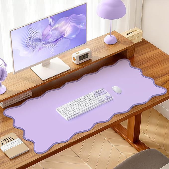 Leather Desk Mat, XXL Large 31.4x15.7in Scalloped Gaming Mouse pad，Non-Slip Rubber Base Keyboard Pad Mousepad for Laptop Computer Game Home Office，Waterproof and Oilproof Desktop Mat I Purple