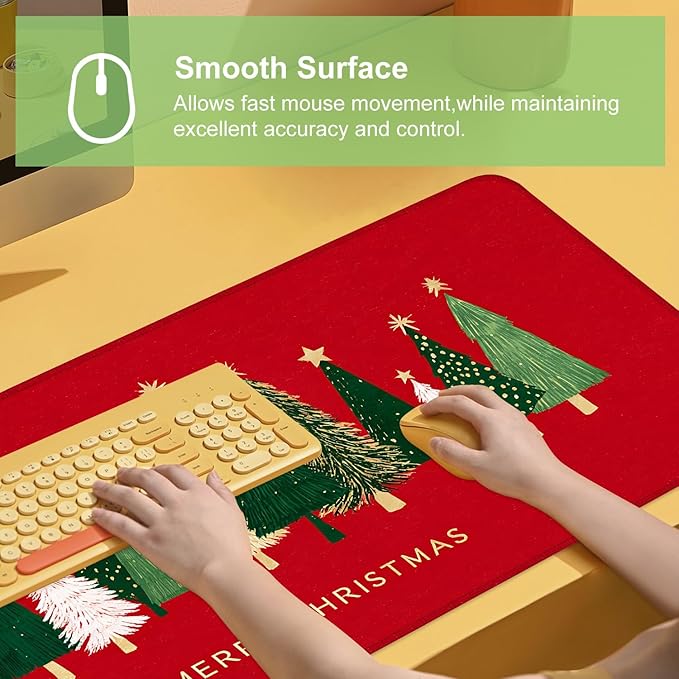 Desk Mat, XXL Extended Gaming Pad for Desktop, 35x16 Inches Trees on Red Background, Large Non-Slip Vegan Leather Surface with Stitched Edges, Keyboard Mouse Mat for Home Office