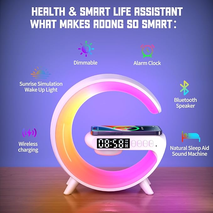 2025 New Mini LED Table Lamp, Wireless Charging Atmosphere Lamp, Bluetooth Speaker, Dimmable Night Light, Bedside Lamp, Alarm Clock for Christmas Gifts (White)
