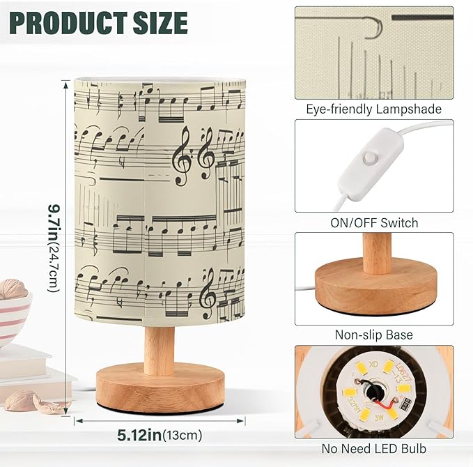 Retro Music Note LED Table Lamp, Bedside Lamp with Linen Lampshade, Flicker-Free Eye Care USB Plug in Nightstand Lamp, for Bedroom and Office