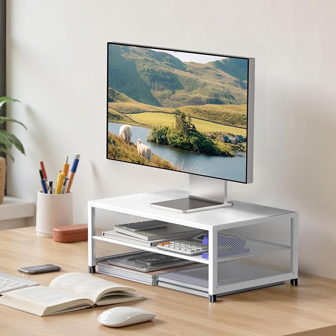 2-Tier Computer Monitor Stand Riser, Desk Organizer for Monitor, Printer & Laptop Stand, Desktop Workspace Organizers for Office Supplies(White)