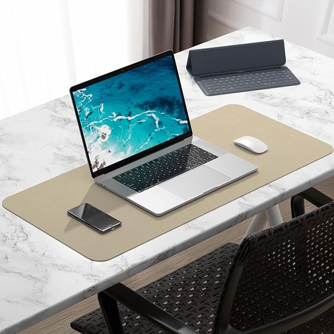 Hsurbtra Desk Pad, 30" x 14" PU Leather Desk Mat, XL Extended Mouse Pad, Waterproof Desktop Blotter Protector, Non-Slip Ultra Thin Large Laptop Keyboard Writing Mat for Office Home, Beige