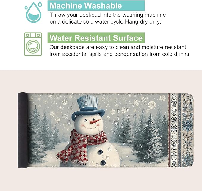 Desk Mat, XXL Extended Gaming Pad for Desktop, 35x16 Inches Winter Snowman in Snowy Forest, Large Non-Slip Vegan Leather Surface with Stitched Edges, Keyboard Mouse Mat for Home Office