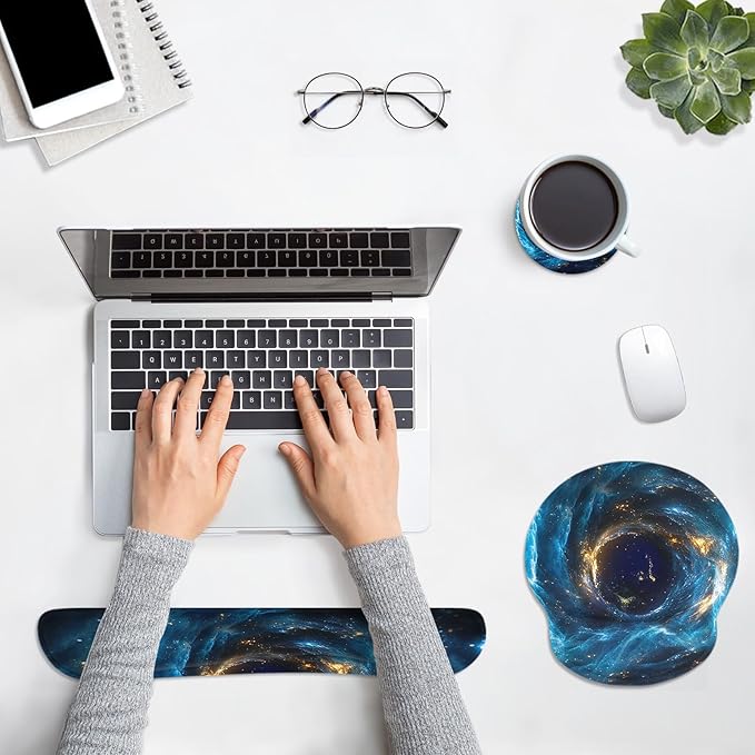 Britimes Blue Black Galaxy Space Ergonomic Mouse Pad Set with Wrist Rest Non-Slip Rubber Base Wrist Cushion Support and Coasters Mousepad with Wrist Support for Computer Keyboard and Desk