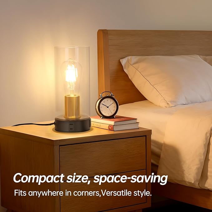 Bedside Table lamp for Bedroom -Touch Lamp with USB-A+C Charging Ports & AC Outlet. Nightstand Lamp with Black Base Glass. Stepless Dimming Small Lamp for Bedroom, Dorm, Office, Kids Room, Living Room
