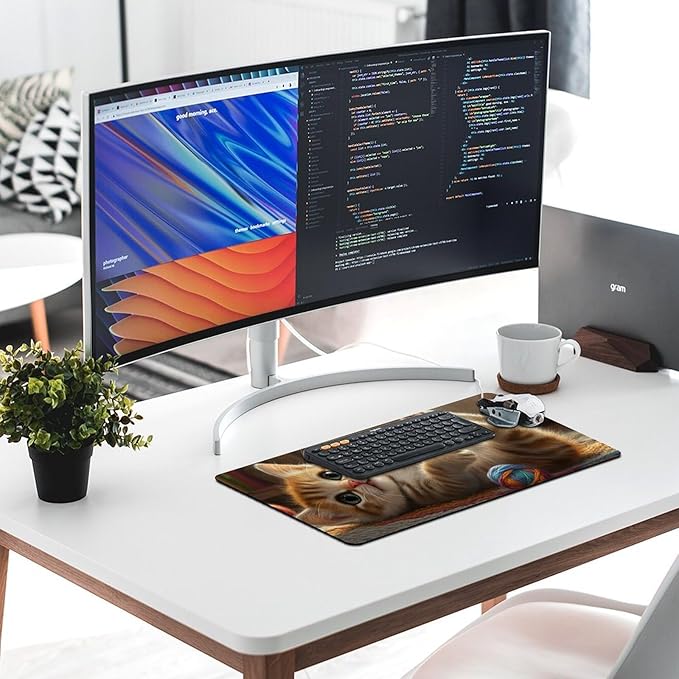 Large Ergonomic Gaming Mouse Pad Curious Kitten Playtime - Cute Cat Theme with Non-Slip Base Water-Resistant Surface and Stitched Edges 30x60cm