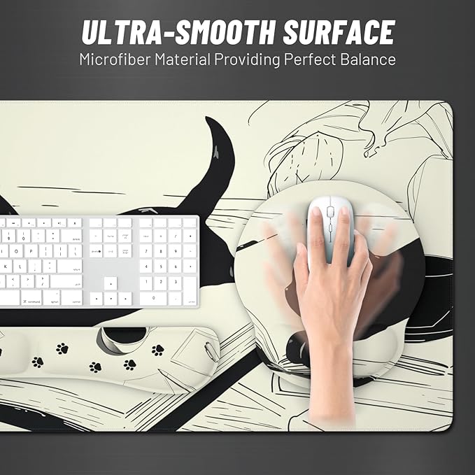 Ovenbird Mouse Pad Set 4-in-1 | Large Gaming Mousepad, Keyboard Wrist Rest, Mouse Wrist Support, Coaster | Ergonomic Office Desk Mat Accessories for Women Men | 4PCS, 35.4 x 15.7in, Black Cat