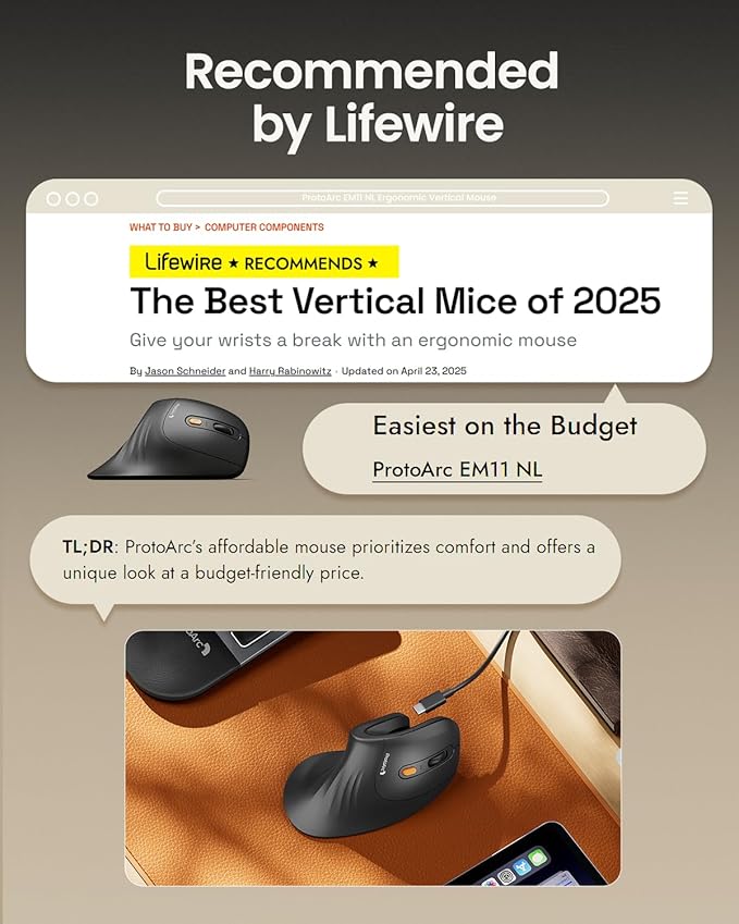 ProtoArc Ergonomic Mouse, EM11 NL Bluetooth Rechargeable Wireless Vertical Mouse, 3 Multi-Device Connectivity for Computer/PC/Laptop, 2.4GHz USB-A Optical Mice for Windows, Mac OS, White Gold