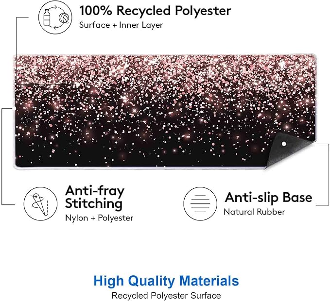 IMAYONDIA Gaming Mouse Pad, Large Non-Slip Rubber Base Mousepad with Stitched Edges, Keyboard Mouse Mat Desk Pad for Work, Game, Office, 31.5x11.8 Inch - Rose Gold Black Glitter Luxury