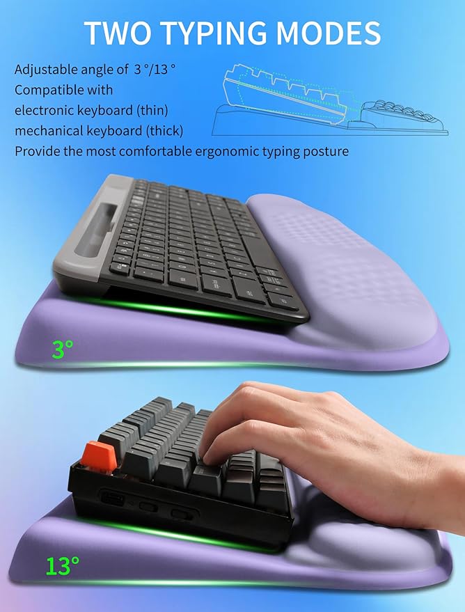 Ergonomic Wave Wrist Rest with Keyboard Stand, Cushioned Palm Rest, Comfortable Integrated Memory Foam for Natural Typing and Relieve Wrist Pain, Purple Romance
