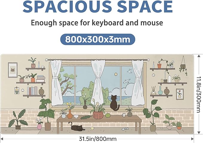Kawaii Cat Mouse Pad Large Desk Mat Extended Keyboard Mouse Pad Cute Mousepad with Non-Slip Base and Stitched Edge Cat Mouse Mat Desk Pad 31.5 x 11.8 in Mouse Pads for Desk Decor Home Office Gaming