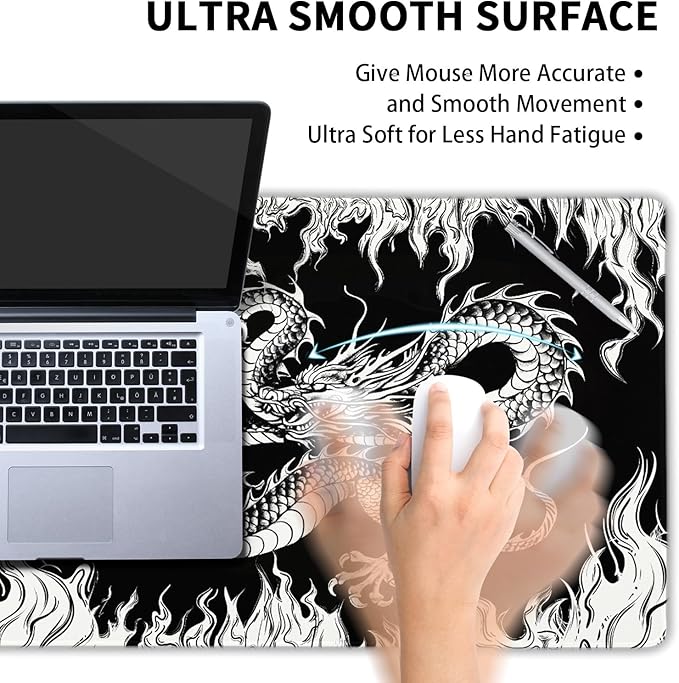 Japanese Dragon Mouse Pad XL Black White Aesthetic Anime Extended Desk Mat 80X30 cm Non-Slip Rubber Base Stitched Edge Large XL Mousepad for Desk Gaming Laptop Desktop,31.5×11.8 Inch