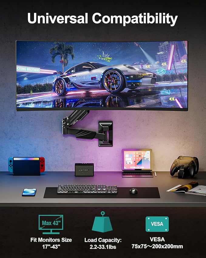 MOUNT PRO Monitor Wall Mount for 17-43" Ultrawide Screens, Single Wall Mount Monitor Arm Holds up to 33.1 lbs, Full Motion Adjustable Wall Bracket with VESA Extension Kit, VESA Mount Max 200x200mm