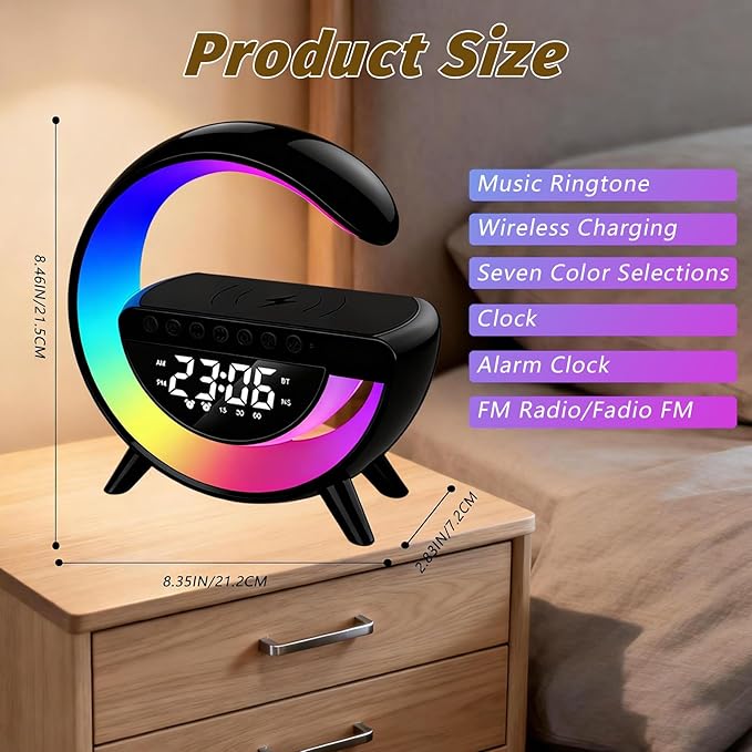 Smart Wireless Charging Table Lamp, Multifunctional Bluetooth Speaker & Alarm Clock - LED Bedside Desk Lamp Night Light for Heavy Sleepers, Superfine Bedroom Home Decoration (Black)