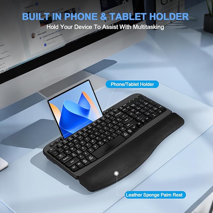 Ergonomic Wireless Keyboard with Cushioned Wrist Rest, Wave Keys, Phone Holder, Comfortable Natural Typing, 2.4GHz Full Size Cordless USB Computer Keyboard for Windows, Mac OS, Laptop, PC (Black)