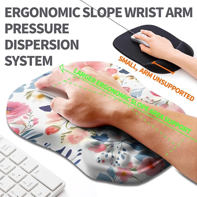 Ergonomic Slope Mouse Pad Wrist Support, Wrist Rest Mousepad for Carpal Tunnel with Massage Bulge and Slow Rebound Memory Foam (12x8 inch, Pink Floral)