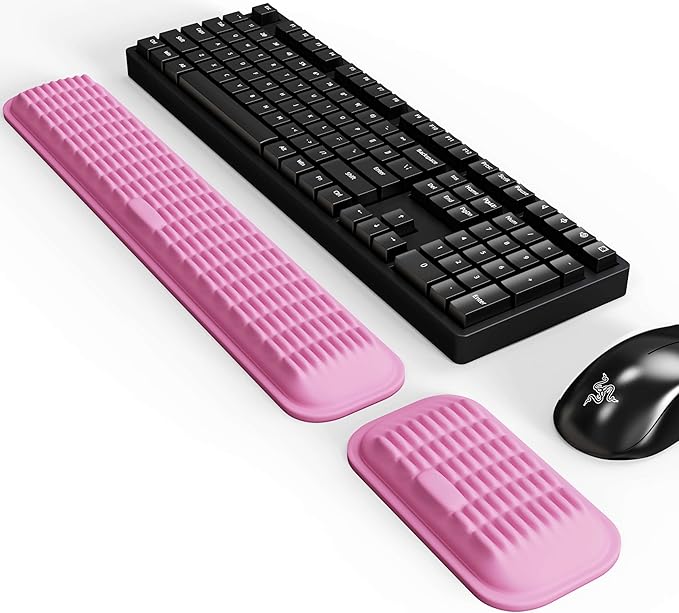 MEKASS Ergonomic Wrist Rest for Keyboard and Mouse, Soft Memory Foam Keyboard Wrist Rest Set with Non-Slip Silicone Base, Easy Typing, Comfort for Office, Work, Gaming (Pink)