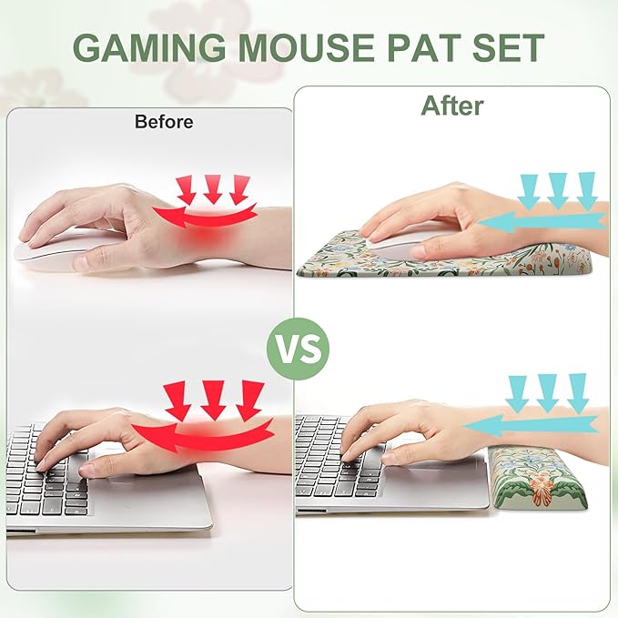 iCasso Mouse Pad with Wrist Rest,Large Desk Mat Set,Ergonomic Keyboard Pad with Wrist Support,Non-Slip Mouse Mat for Women,Cute Floral Computer Mat for Home Office Gaming (Light Green)
