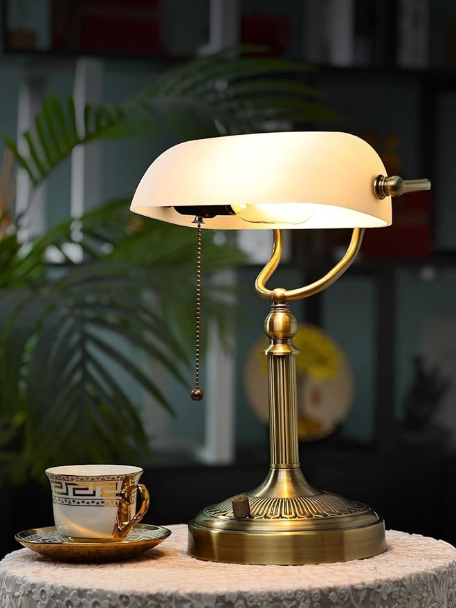 Newrays White Matted Glass Bankers Desk Lamp, Stepless Dimmable Table Lamp Plug in Fixture for Study, Home Office,Library, LED Bulb Included