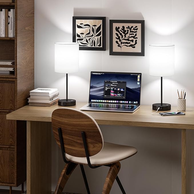 White and Black Lamps for Nightstand Set of 2 - Bedside Table Lamp for Bedroom with Dual USB Ports & AC Outlet, 3-Way Dimmable Lamps for Living Room Boys Room, Night Light with 5000K Daylight Bulbs