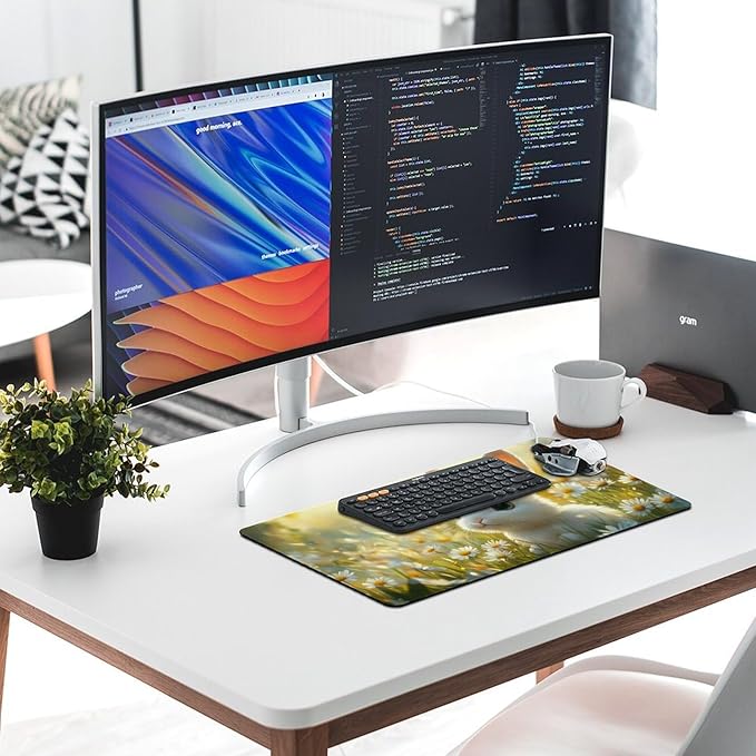 Large Ergonomic Gaming Mouse Pad Baby Bunny in Daisy Field - Sweet Rabbit Theme with Non-Slip Base Water-Resistant Surface and Stitched Edges 30x60cm