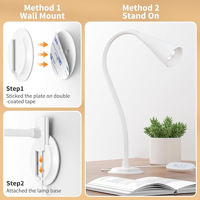 Wall Mounted Reading Light, Wall Light for Book at Night in Bed,Bedside,Headboard,Desk, Eye Care LED, Plug in USB Powered,5 Color & Brightness Dimmable, Flexible Gosseneck, 2 Pack