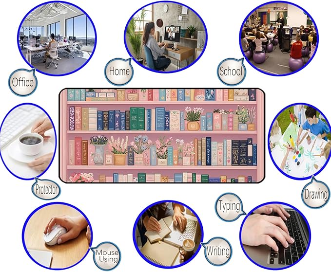 Cute Bookshelf Deskmat, Pink Desk Pad Mousepad XXL, Game Pad, Large Office Desk Keyboard Mat, Anti Slip Rubber Base and Sewn Edge Mouse Mat, Beautiful Reading Space Desktop Decor 31.5"X15.7"