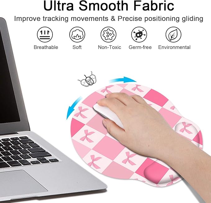 Britimes Pink Bow Checkered Cute Retro Kawaii Ergonomic Mouse Pad Set with Wrist Rest Non-Slip Rubber Base Wrist Cushion Support and Coasters Mousepad with Wrist Support for Computer Keyboard and Desk