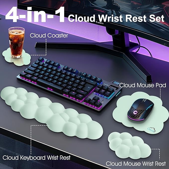 Cloud Wrist Rest Keyboard Cushion, 4-in-1 Ergonomic Cloud Keyboard Wrist Rest and Mouse Pad Set with Memory Foam Arm Support for Palm, Cute Desk Accessory for PC Gaming Setup, Light Green