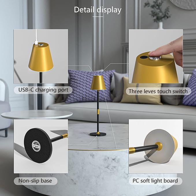 2-Pack Cordless Table Lamps - 5000mAh Rechargeable Battery Operated Desk Lamp, 3-Level Dimmable LED Night Light for Bedroom, Dining, Restaurant - Metal Design(Gold&Black 2-Pack)