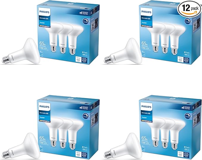 Philips LED 65W BR30 12-Pack Basic LED Daylight (7.2W = 65W) Dimmable Frosted Flicker-Free Light Bulb