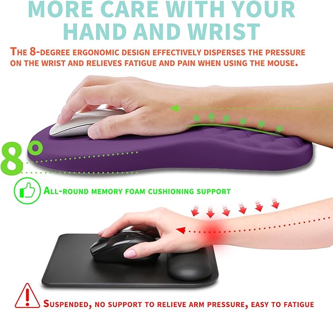 Ergonomic Mouse Pad Wrist Support with Memory Foam Massage Bulge, Carpal Tunnel Mousepad Wrist Rest for Mouse(12x8 inch, Deep Purple)