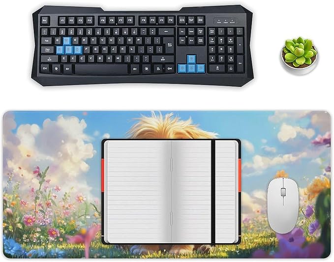 Large Ergonomic Gaming Mouse Pad Fluffy Puppy in Sunny Meadow - Cute Dog Theme with Non-Slip Base Water-Resistant Surface and Stitched Edges 40x90cm