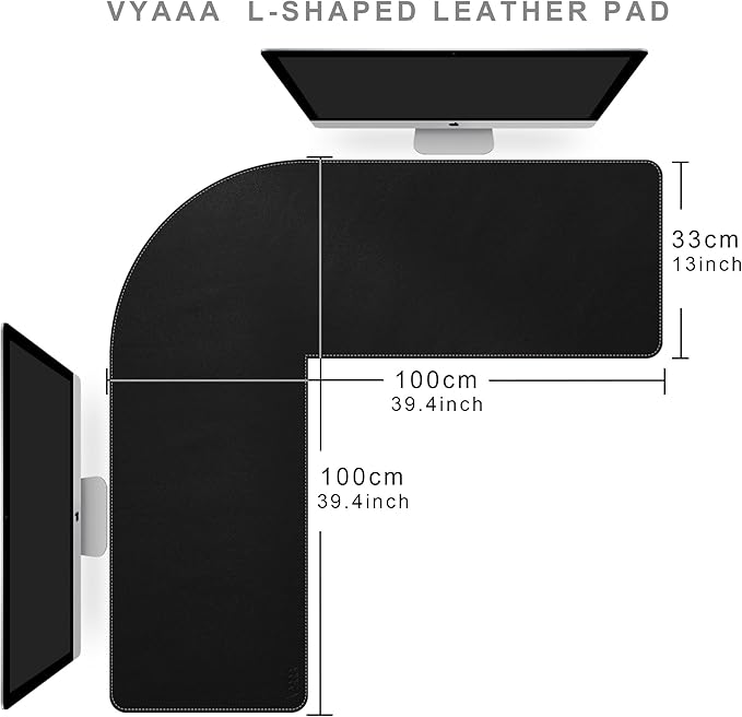 Vyaaa Corner Desk Mat, (39.4"+ 39.4") x 13" PU Leather L Shaped Desk Mat, Reversible L Shaped Corner Desk Pad, XL Gaming Mouse Pad for Computer, Gaming, Writing, Home and Office(Black)