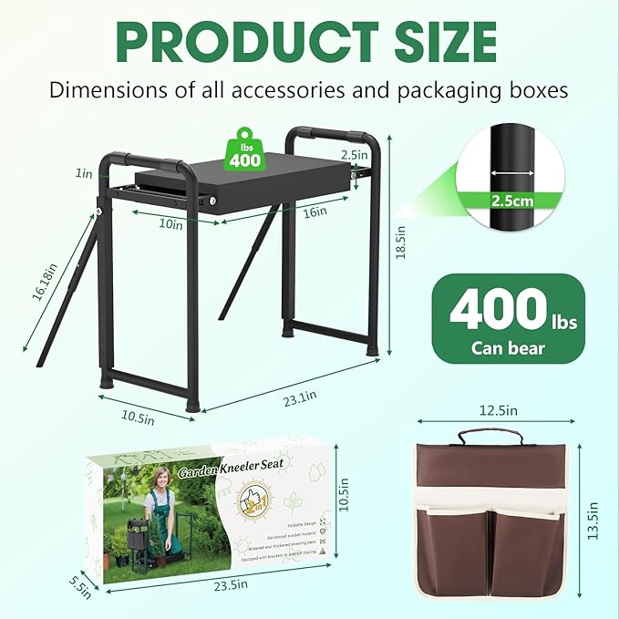 Heavy Duty Garden Kneeler & Seat with Support Legs, 400lbs Capacity Foldable Gardening Stool, Extra Thick Pad & Large Tool Organizer Bag, Ergonomic for Seniors - Dark Black
