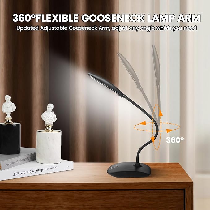 Battery Powered Desk Lamp, Portable Lamps Rechargeable 3 Color Modes Touch Control Stepless Dimming, Wireless Desk Lamp with 2000mAh, Small LED Table Light for Dorm Study Office Bedroom,Black