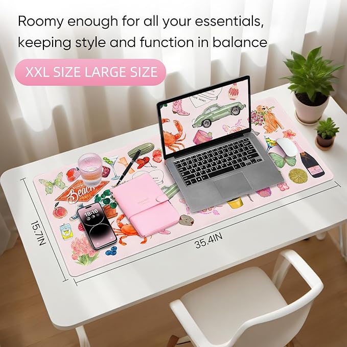Desk Mat, Pink Leather Desk Pad Blotter Protector, XXL Large Mouse Pad,Computer Laptop Mouse Pads for Desktop,Waterproof Writing Anti-Slip Mousepad for Office and Home I Cute Funny Stickers