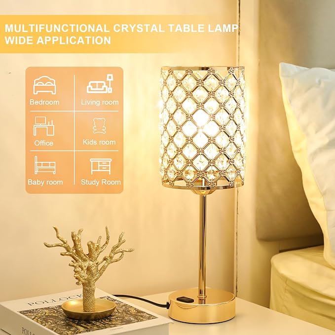 Touch Control Crystal Table Lamp-Dimmable Nightstand Lamp with USB-C+A & AC Charging Ports, 3-Way USB Gold Lamp, Bedside Desk Light for Bedroom Living Room Home Office(Bulb Included & Set of 2)